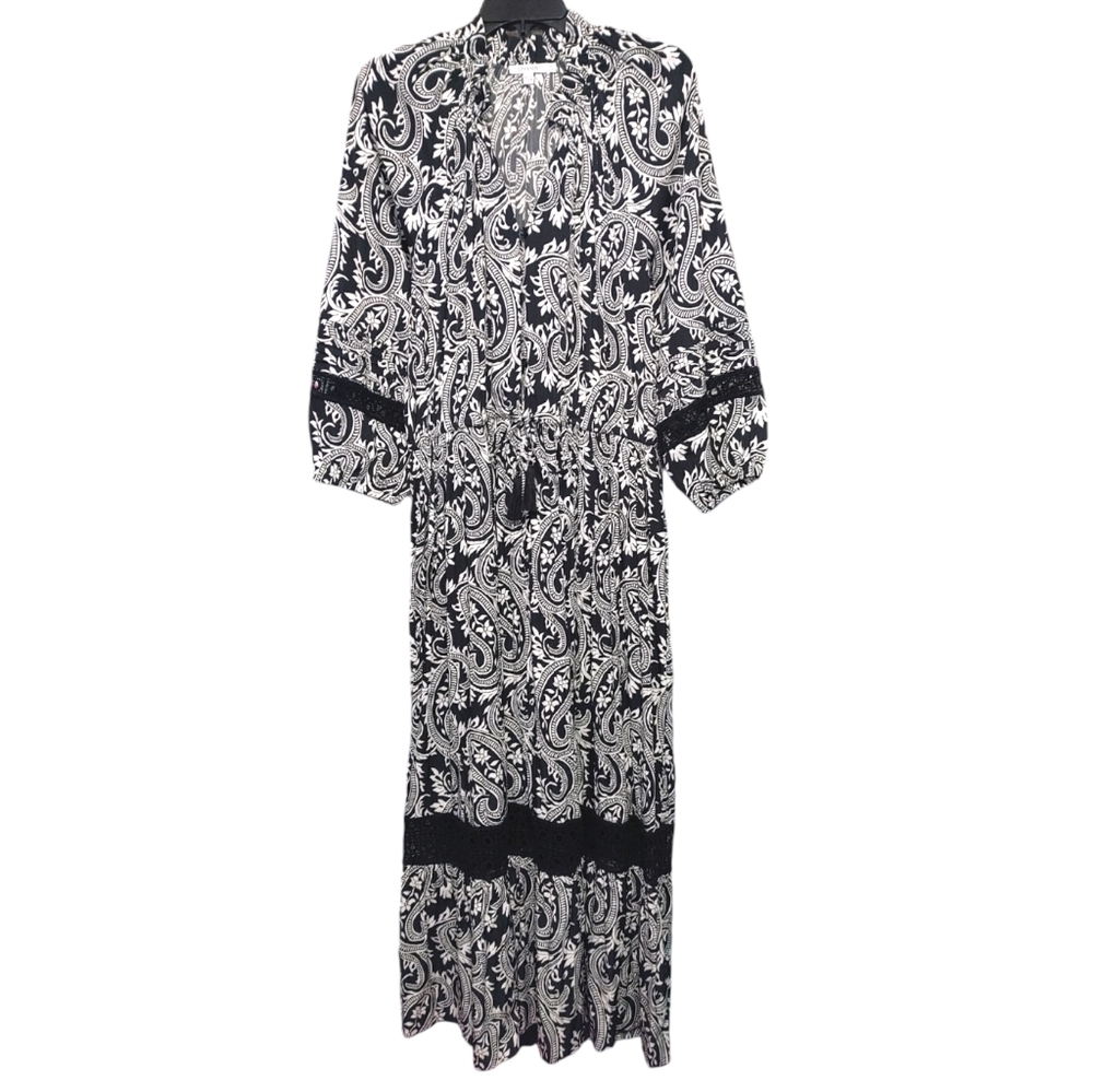 Chico's Paisley Black White Crochet Detail Ruffle Maxi Dress Women's Size 14 - Picture 6 of 14